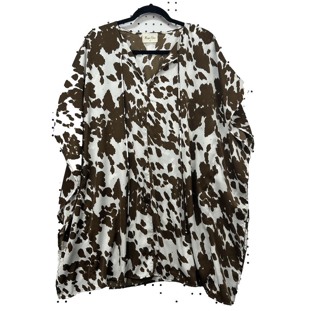 Tyche Cow Print Blouse Womens Small Brown White Western Boho Oversized Tunic Top